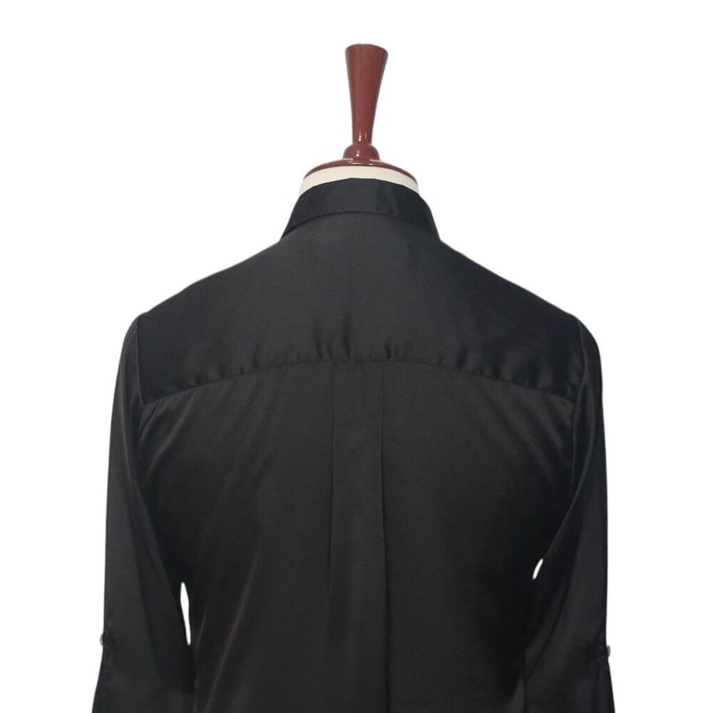 Womens Silky Satin Shirt Black Blouse Button Up Casual Dressy Top Medium Work - Picture 6 of 7